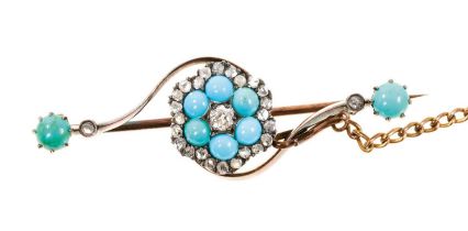 Late Victorian turquoise and diamond brooch, the flower head cluster with a central old cut diamond