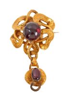 Victorian gold and cabochon garnet pendant brooch with an engraved gold bow with central garnet, sus