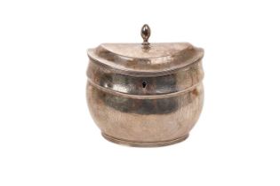 19th century Dutch silver tea caddy of stepped oval form with engraved swags and figures in landscap