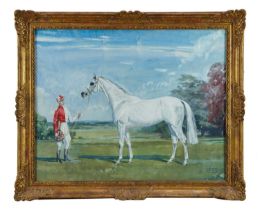 Pamela Seabright (20th century), gouache on paper, Racehorse & Jockey, in landscape, Jockey appears