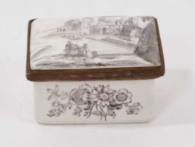 An enamel rectangular box, printed with a landscape and flowers, circa 1770