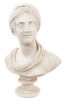 Fine 19th century Italian carved marble bust of a young woman, dressed in Renaissance costume, raise
