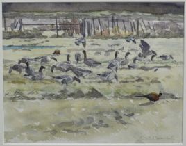 *Robert Greenhalf (b. 1950) pencil and watercolour - Geese and Pheasants at Holkham, signed, 25cm x