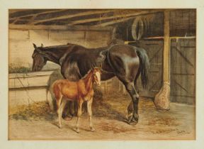 Edward Algernon S. Douglas (c.1850-c.1920) watercolour - Mare and Foal in a Stable, signed and dated
