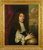 Manner of Sir Peter Lely (1618-1680) oil on canvas - Portrait of a Nobleman with compass and globe,