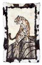 Impressive hand stitched fur rug depicting a tiger on a rock, 282cm x 122cm