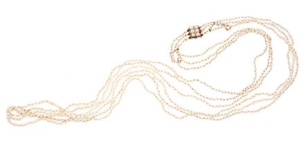 Antique pearl necklace with a long triple string of seed pearls measuring approximately 2-3.3mm (not