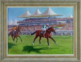 James Power (b.1946) oil on canvas - Frankel beating Canford Cliffs on 27th July 2011 in the Sussex