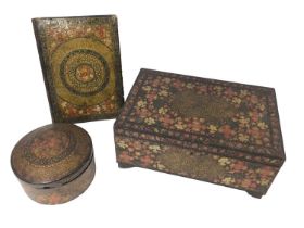 Antique Indian Kashmiri lacquer ware, including a large rectangular box and round box and blotter