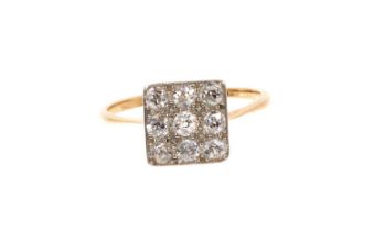 1920s diamond cluster ring with a square cluster of nine old cut diamonds in platinum pavé-setting o