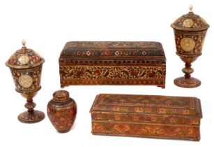 Collection of antique Indian Kashmiri lacquer ware - pair of cups and covers with bone finials and s