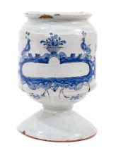 An 18th century blue and white delftware apothecary drug jar