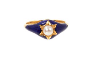 Victorian gold pearl and blue enamel ring with a 4.4mm half pearl in a star design on royal blue ena