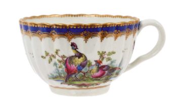 Worcester fluted teacup, painted with exotic birds, circa 1772