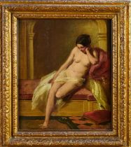 Manner of William Etty (1787-1849) oil on canvas laid on panel - Reclining Female Nude, 47cm x 39cm,