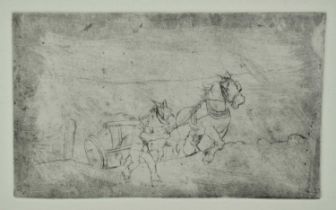 *After Sir Alfred Munnings (1878-1959) etching - Figure leading a pair of horses and cart, 16.5cm x