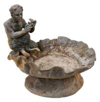 Antique lead bird bath with a figure of Pan, on a scalloped shell bowl