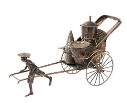 Chinese silver novelty condiment set in the form of a figure pulling a rickshaw