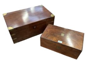 Mid 19th century mahogany and brass bound campaign style writing slope, and another writing slope