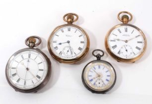 Two Waltham pocket watches in gold plated cases, a Victorian silver pocket watch and a Swiss silver