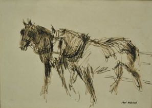 John Osborne (b.1939) pen and ink sketch - Heavy Horses, signed, 17.5cm x 24.5cm, in glazed gilt fra
