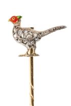 Good quality antique diamond and enamel novelty stick pin in the form of a pheasant, with pavé set r