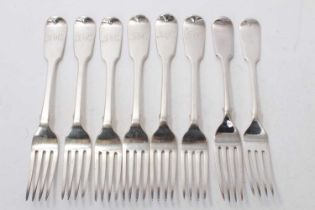 Set of six Victorian silver Fiddle pattern table forks, with engraved initials (London 1845)