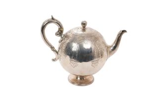 Victorian silver bullet-shaped teapot with engraved decoration, scroll handle raised on circular foo