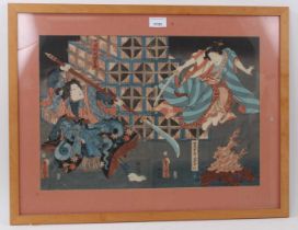 Utagawa Kunisada (1786-1865), wood block print, Fighting Samurai, 33 x 48cm, glazed frame