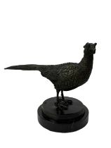 Contemporary bronze sculpture of a pheasant, mounted on a black marble circular base, 18cm high