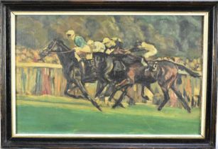 20th Century French School, oil on panel, Detroit winning the Arc de Triomphe in 1980, 28cm x 44cm,