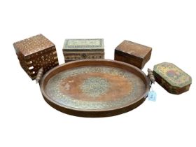 19th Century Hoshiarpur brass inlaid tray and other items