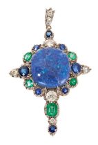 A fine black opal diamond emerald and sapphire pendant, the cruciform pendant with a large oval blac