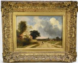 East Anglian School, 19th century, oil on canvas - Figure in Landscape, 25.5cm x 36cm, in gilt frame