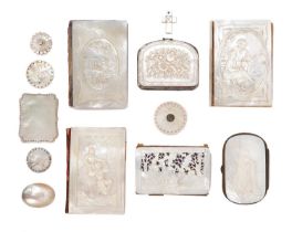 Collection of six 19th century carved mother of pearl card cases and purses