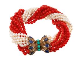 Coral and cultured pearl multi-strand bracelet with a 14ct gold blue sapphire and turquoise clasp, a