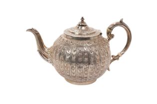 Victorian silver bullet-shaped teapot with scaled decoration scroll handle with ivory insulators, (S