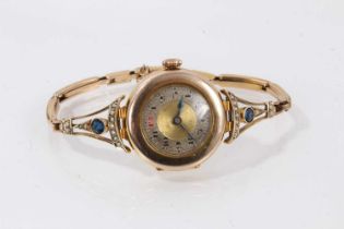 9ct gold wristwatch on 9ct gold bracelet set with sapphires and seed pearls