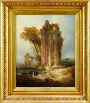 David Roberts (1796-1864) oil on panel - Grecian Ruins, signed, 49cm x 40cm, in gilt frame
