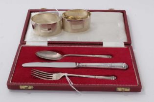 Cased christening set, Sheffield 1972, and two napkin rings, Birmingham 1944