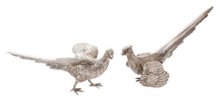 Pair of contemporary cast silver pheasants