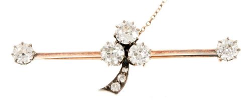 Late Victorian diamond brooch with a clover leaf design comprising three old cut diamonds a rose cut