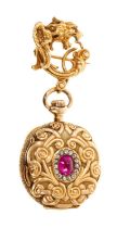 Late 19th century American Waltham 14K gold fob watch with button-wind movement, the ornate gold cas