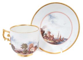 Very early Meissen cup and saucer, circa 1735, decorated in the manner of Hauer