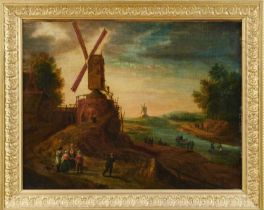 Dutch School, 18th century, oil on canvas - Figures in a Landscape with a Windmill, after Brueghel,