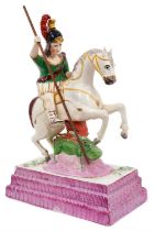 A rare Staffordshire pearlware glazed figure of St. George slaying the dragon, circa 1840, polychrom