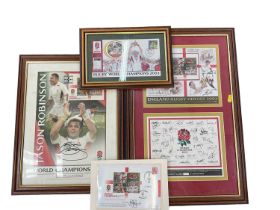 Collection of framed Rugby 2003 world cup items,including signed Jason Robinson