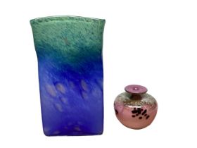 Stylish blue and green art glass vase, together with a small purple art glass vase (2)