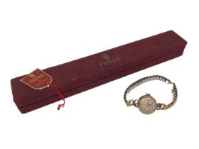 Tudor 9ct gold cased ladies vintage wristwatch on expandable plated bracelet, in a Tudor watch case
