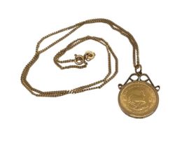 Gold 1/10 Krugerrand, 1980, in 9ct gold pendant mount on 9ct gold chain